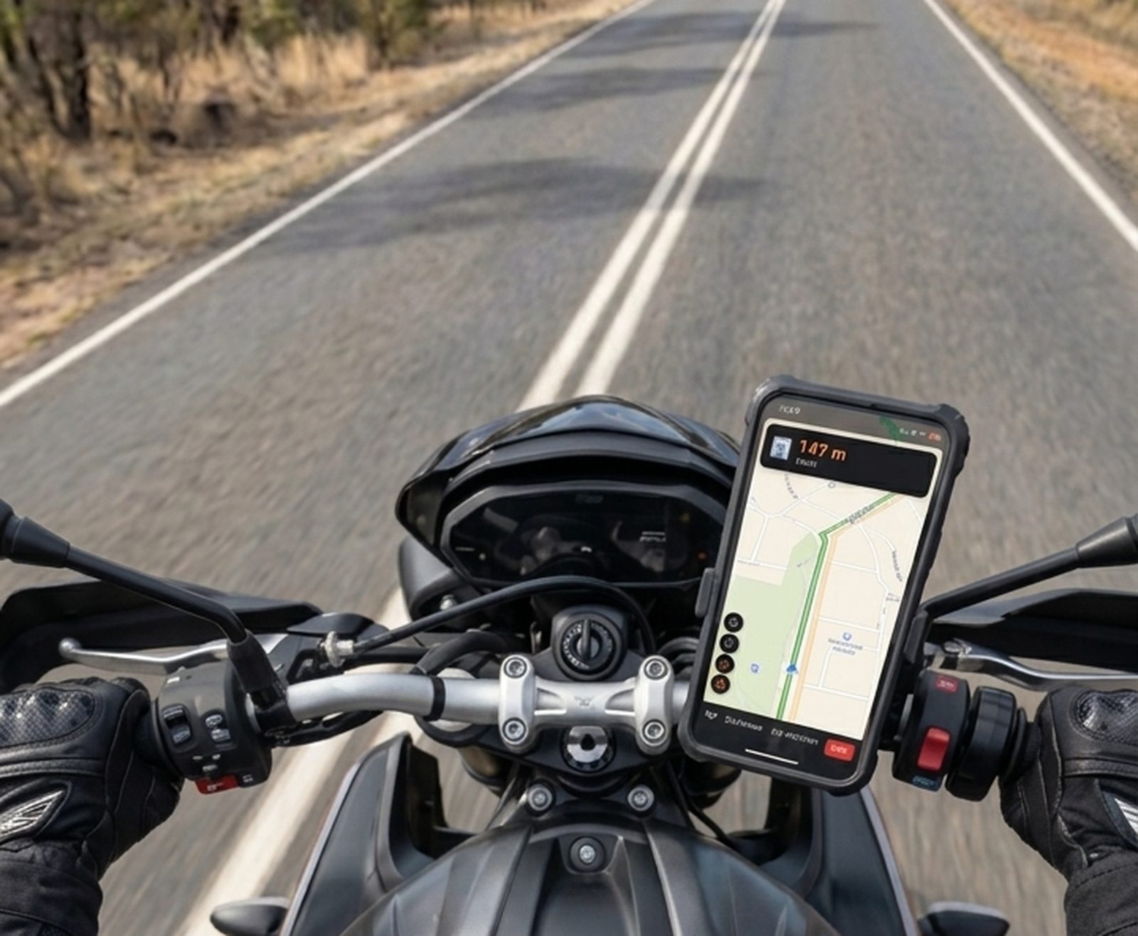 Rider's point of view over the handlebars with a phone running Moto Maps navigation.
