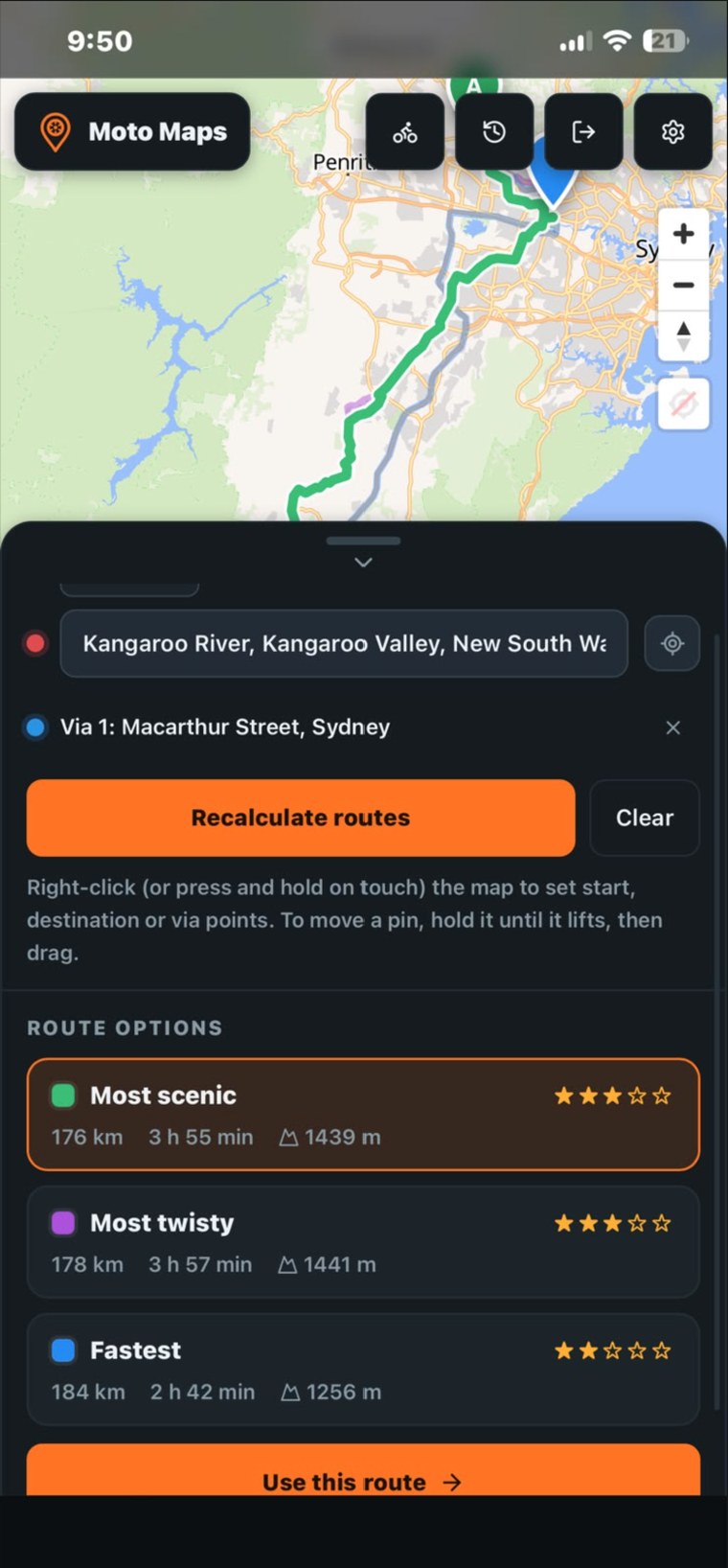 Moto Maps route options showing scenic, twisty and fastest routes with distance and elevation.
