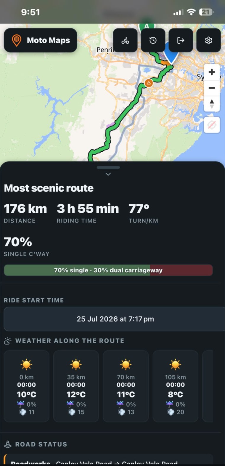 Weather timed to each point along the route, with the single-versus-dual carriageway split.